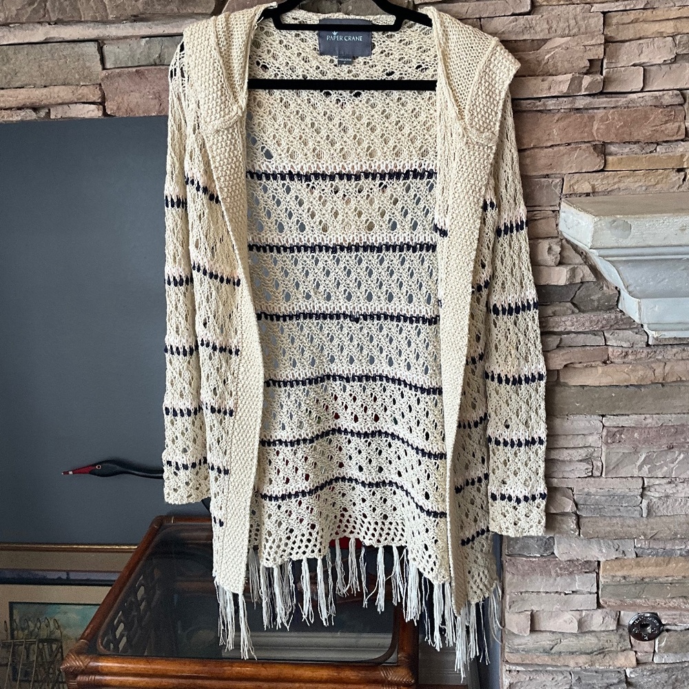 PAPER CRANE S LONGLINE OPEN FRONT CARDIGAN HOOD FRINGE STRIPES TAN BLUE PINK